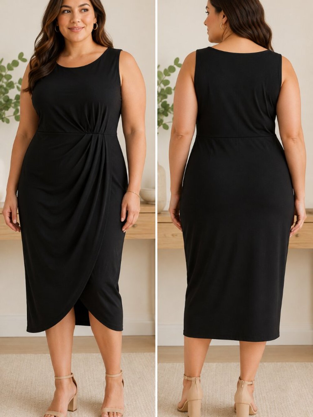 Torrid Size 1 (14-16) Deep Black Studio Knit Shirred Tulip Midi Dress NWT